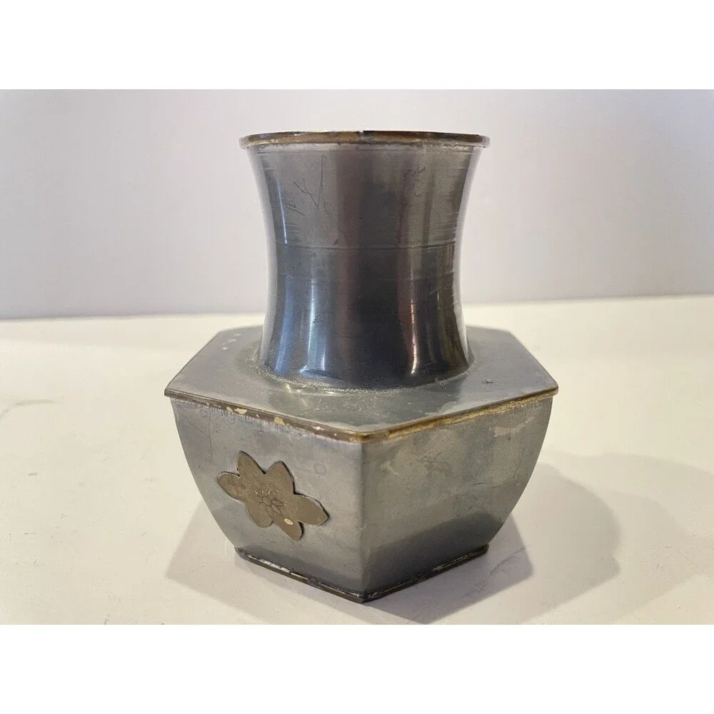 Vtg Colonial  Style Pewter Vase W  Brass Flowers & Trim / Hexagon Base  4 1/4